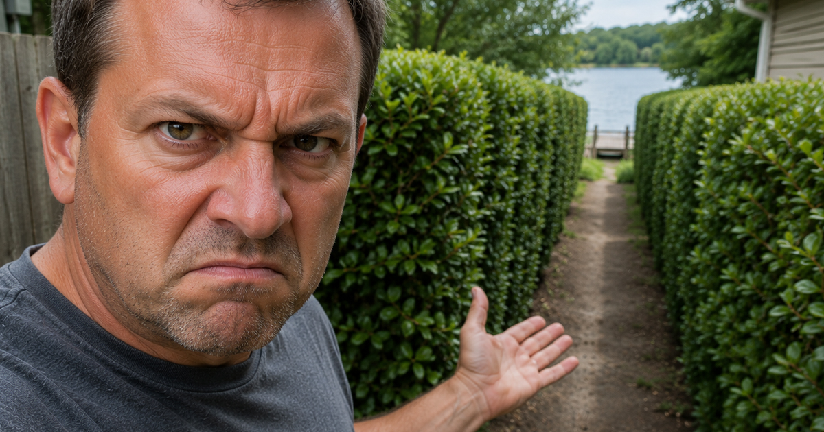 Angry man pointing to backyard
