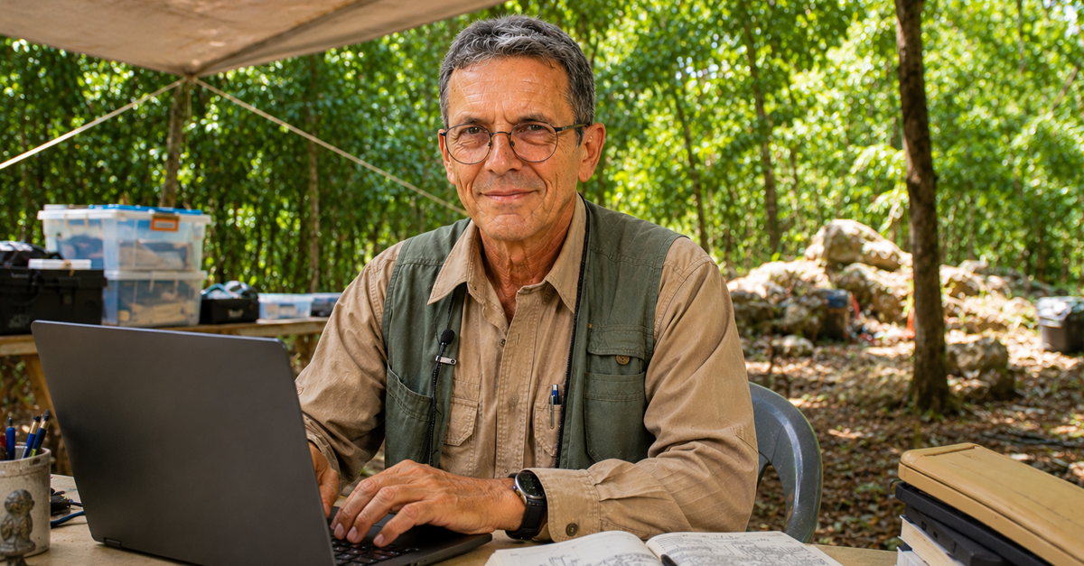 AI-generated image of archaeologist using laptop in forest