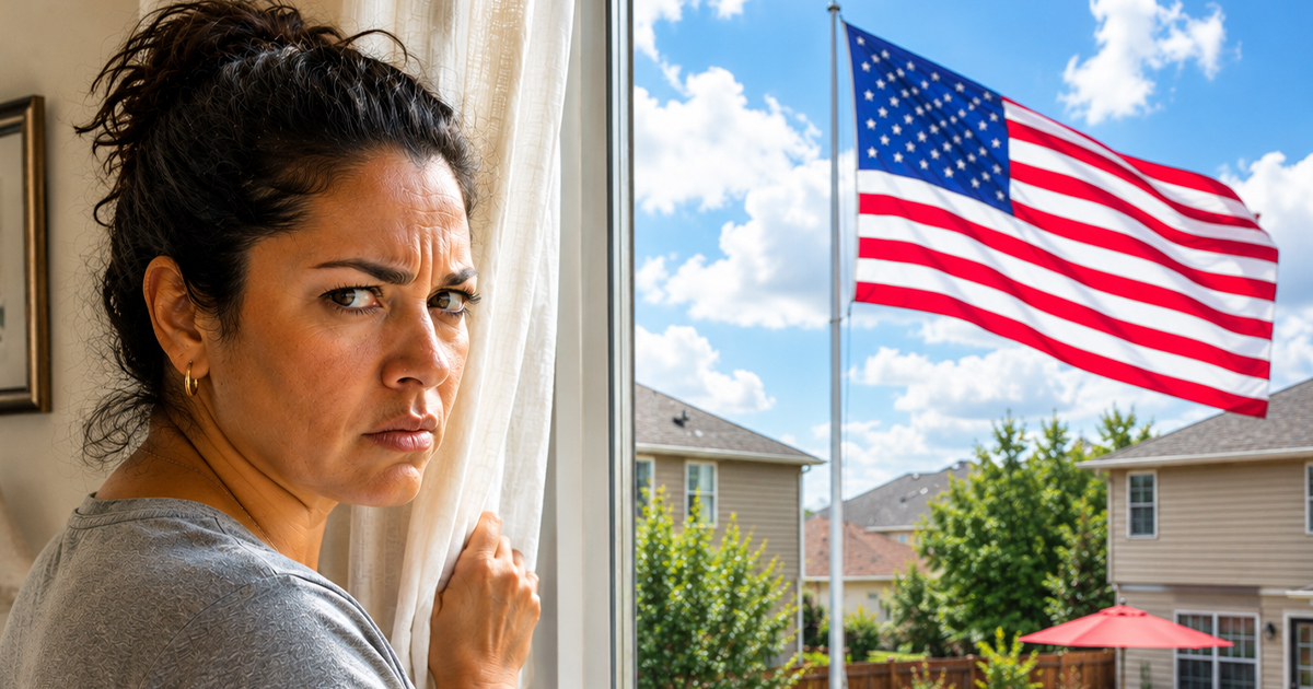 Angry woman with a large flag in the background