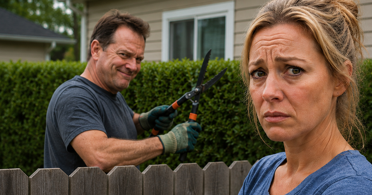 A concerned woman and a man with hedge clippers