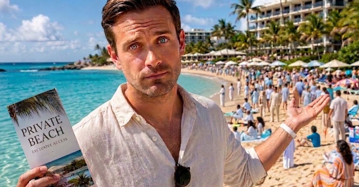 frustrated and annoyed man pointing at the crowd at a private beach
