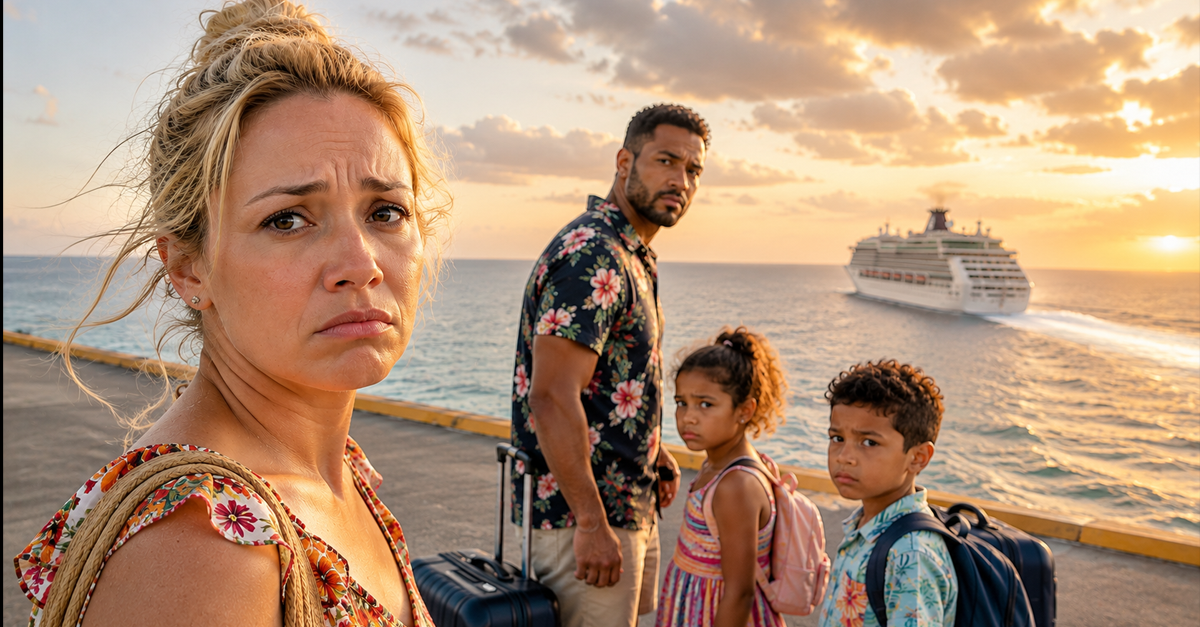Woman and family on dock watching cruise ship depart