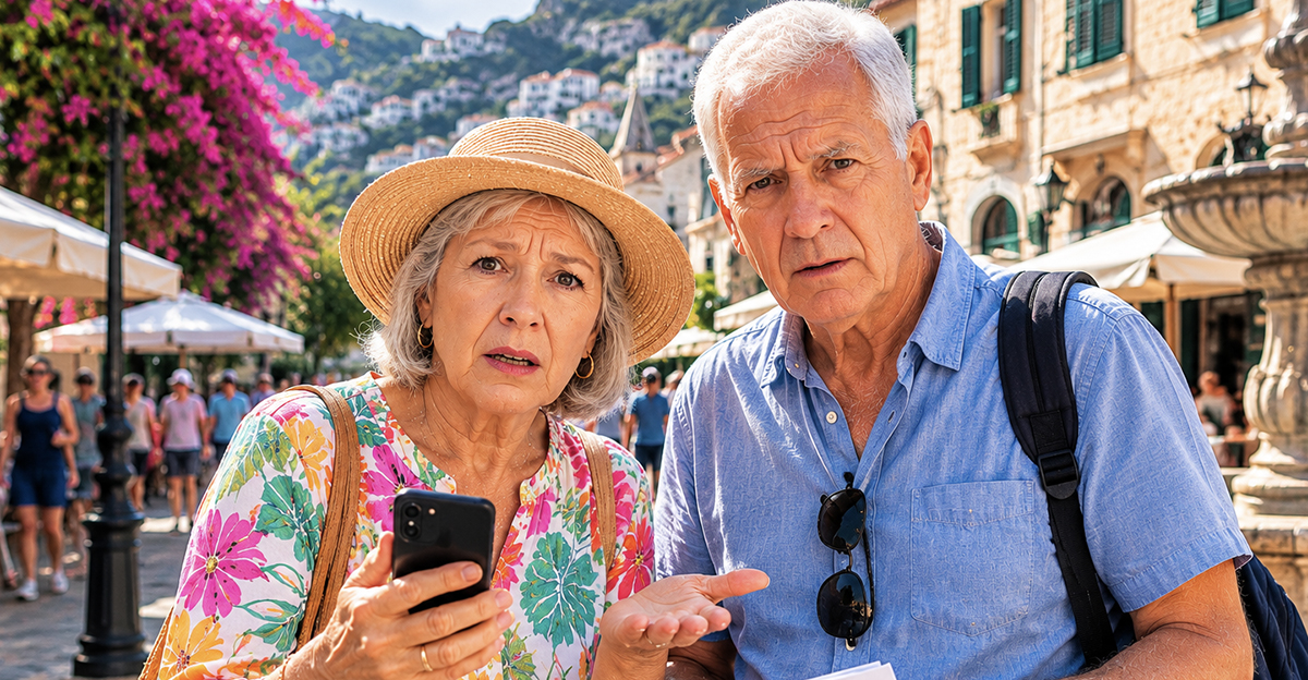 AI-generated image of a tourist couple worried about international roaming charges.