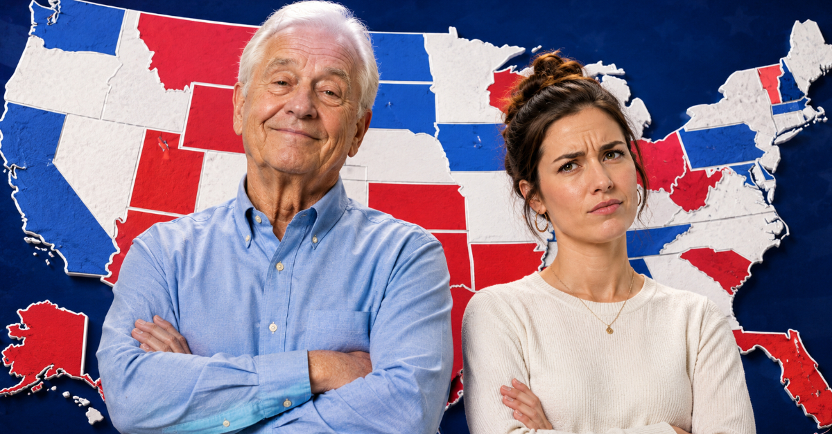 Happy Boomer Man, skeptical Millennial woman, USA map background