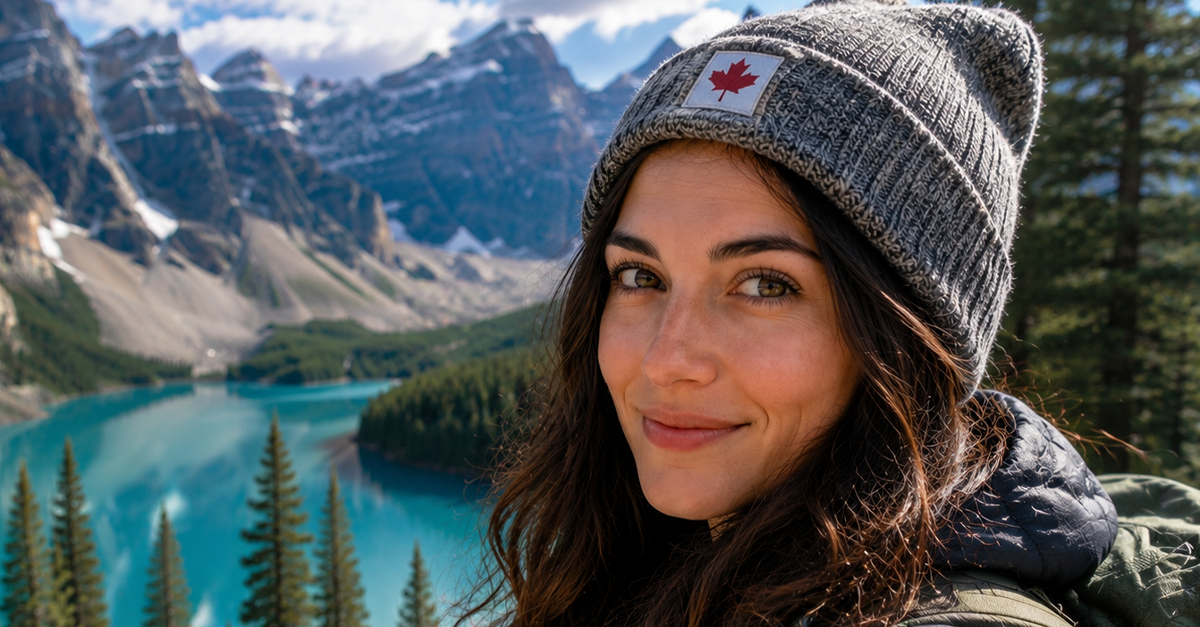 Woman with Canadian flag on her hat in a beautiful, mountainous National Park environment