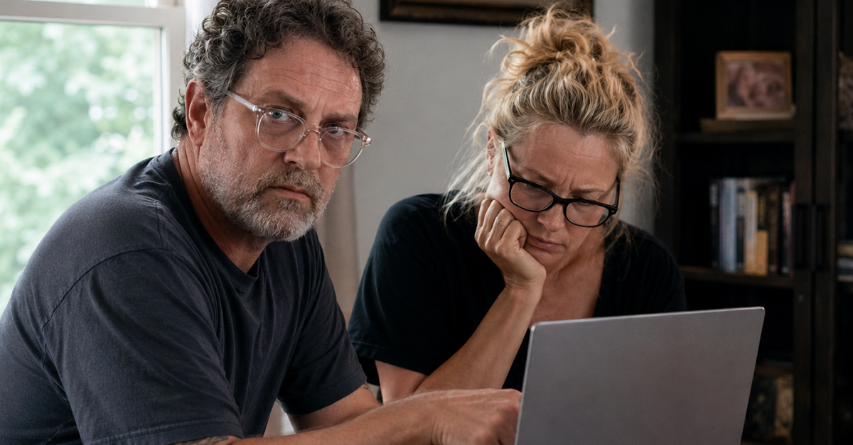 Middle-aged couple looking at a computer, looking worried.