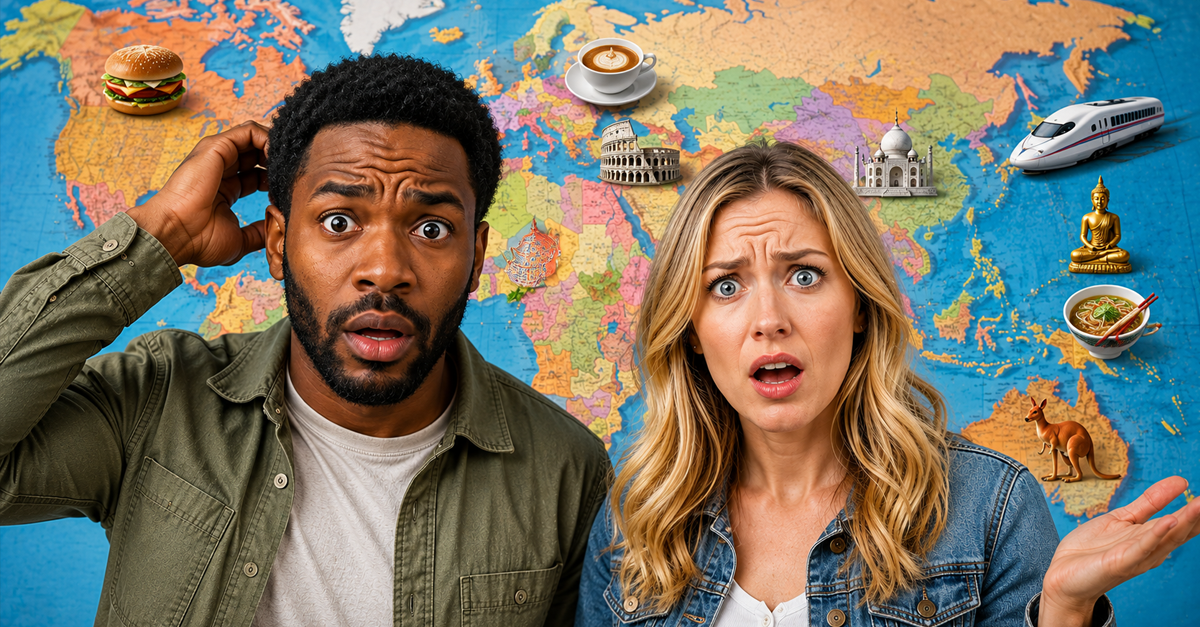 Shocked black man and white woman, standing in front of world map