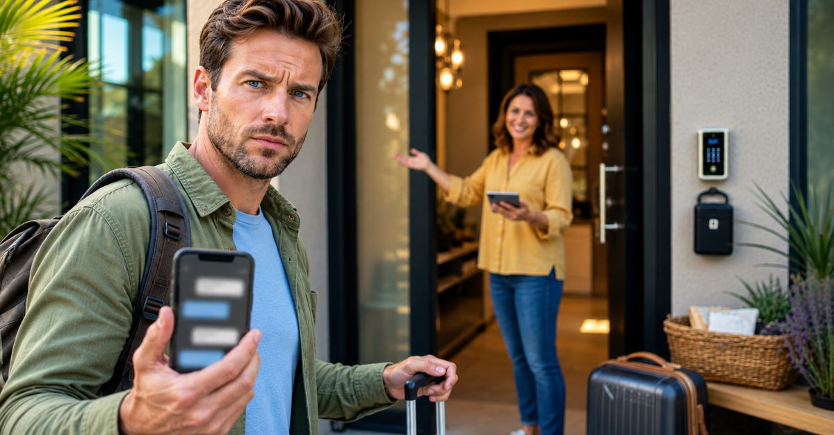 man in front of a rental stay with luggage