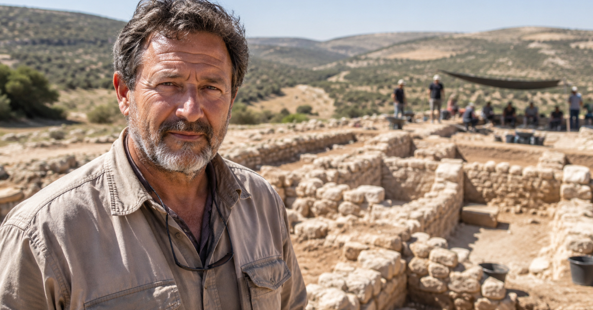 Archeologist in front of dig site