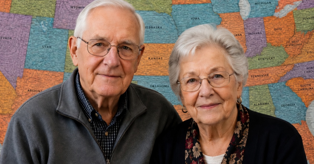older couple in front of USA state map