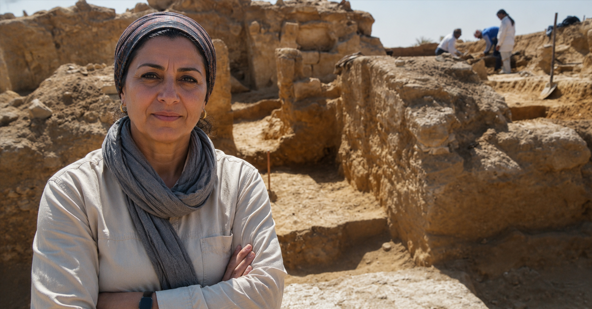 AI-generated image of female archaeologist standing in front of Egyptian archaeological site