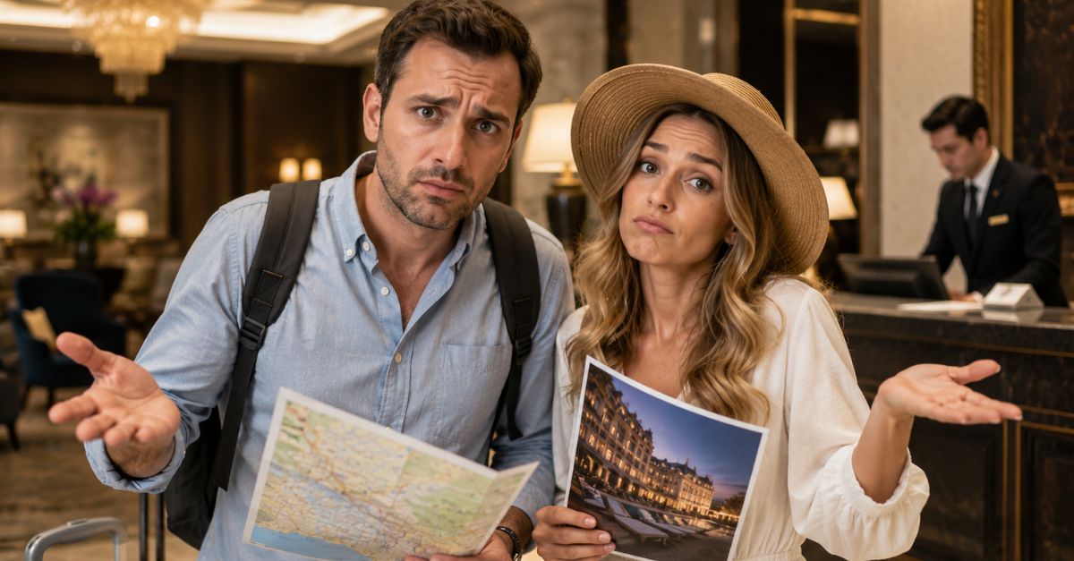 Frustrated travelers in elegant lobby