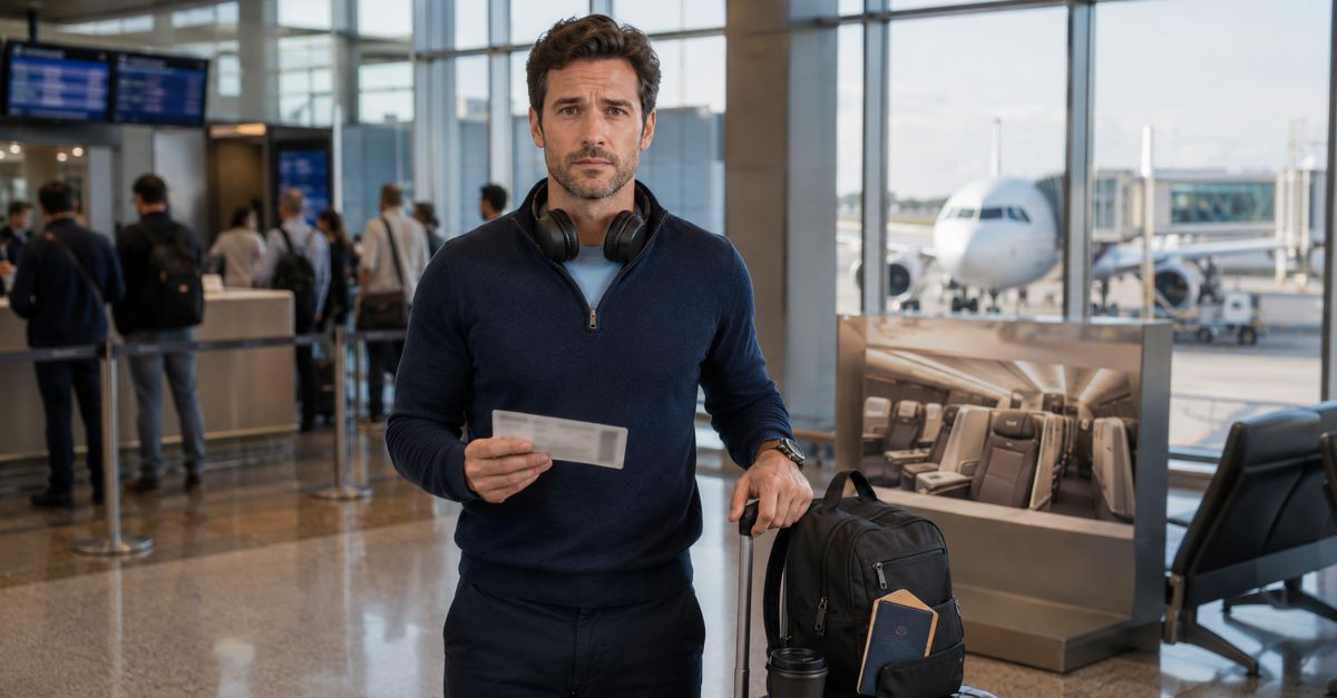 disappointed man at airport, holding boarding pass and luggage