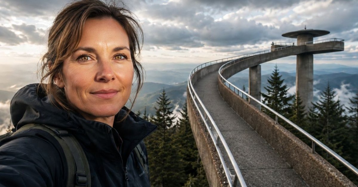 National Park, Woman in foreground looking at camera