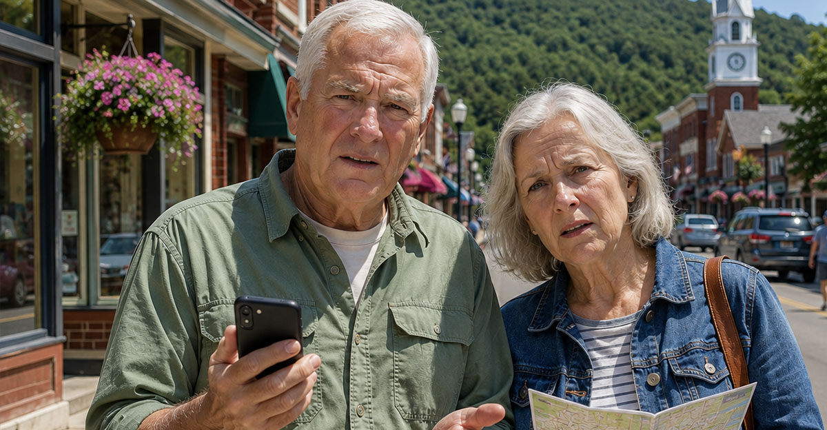 AI-generated image of a couple without cell service in a small town.