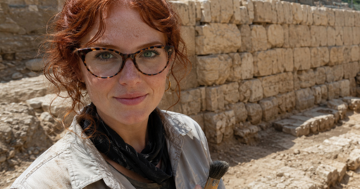 Archaeologist standing beside ancient wall