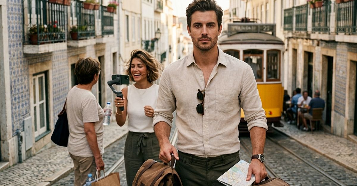 frustrated man carrying luggage and map, while a woman is vlogging in background
