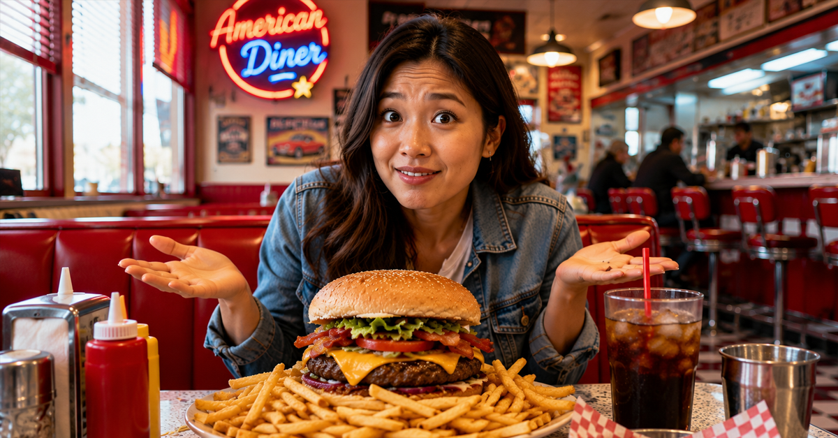 AI-generated image of Asian woman sitting in American diner, with large burger and plate of fries