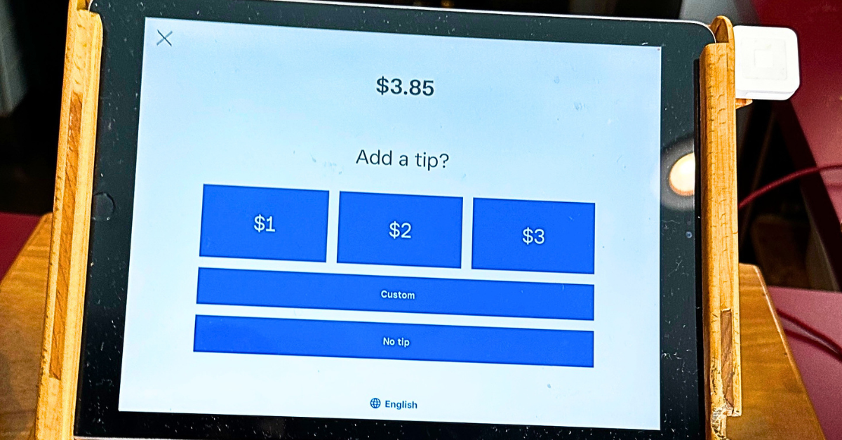 An "Add a tip" screen at a coffee shop. Taken in San Francisco, California.