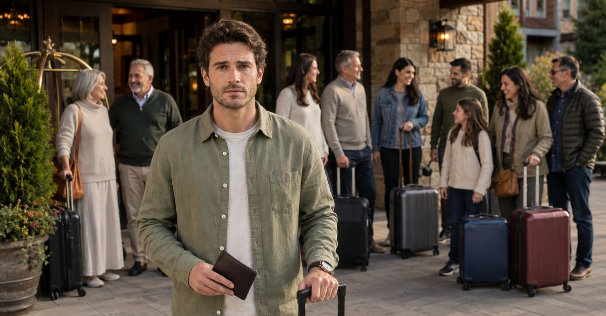 frustrated and disappointed man on vacation, with family in background
