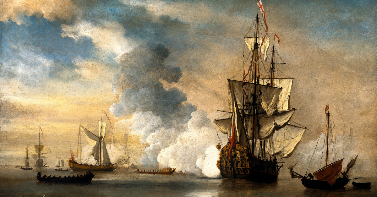 Oil on canvas titled ‘Brits oorlogsschip vuurde een saluut’, by Willem van de Velde the Younger (1690)