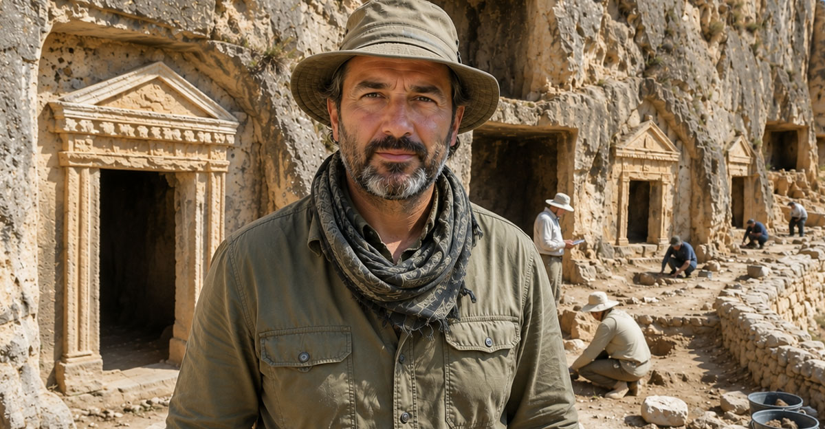 AI-generated image of an archaeologist standing in the ancient Roman city at Perre.