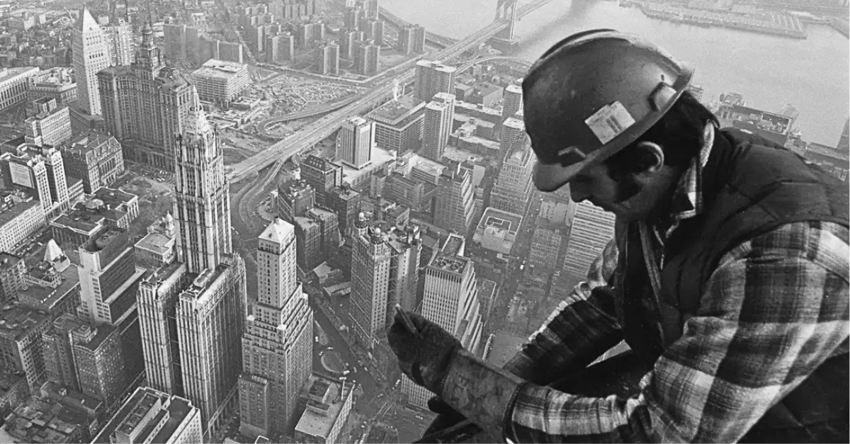 A worker atop the World Trade Center during its construction in New York City, USA, 1971.