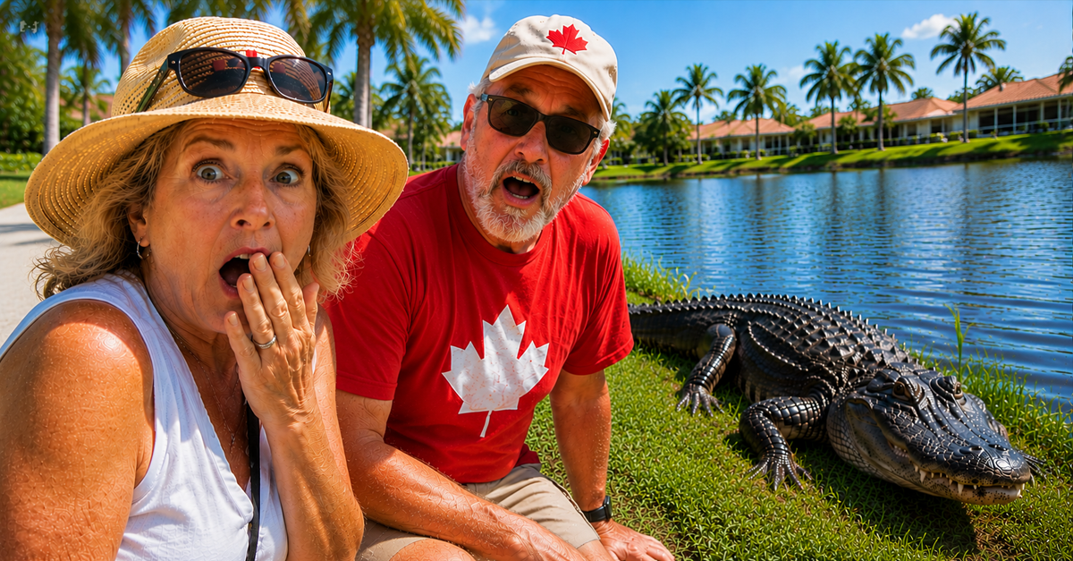 Startled Canadian couple reacting beside a large alligator near a sunny lakeside neighborhood