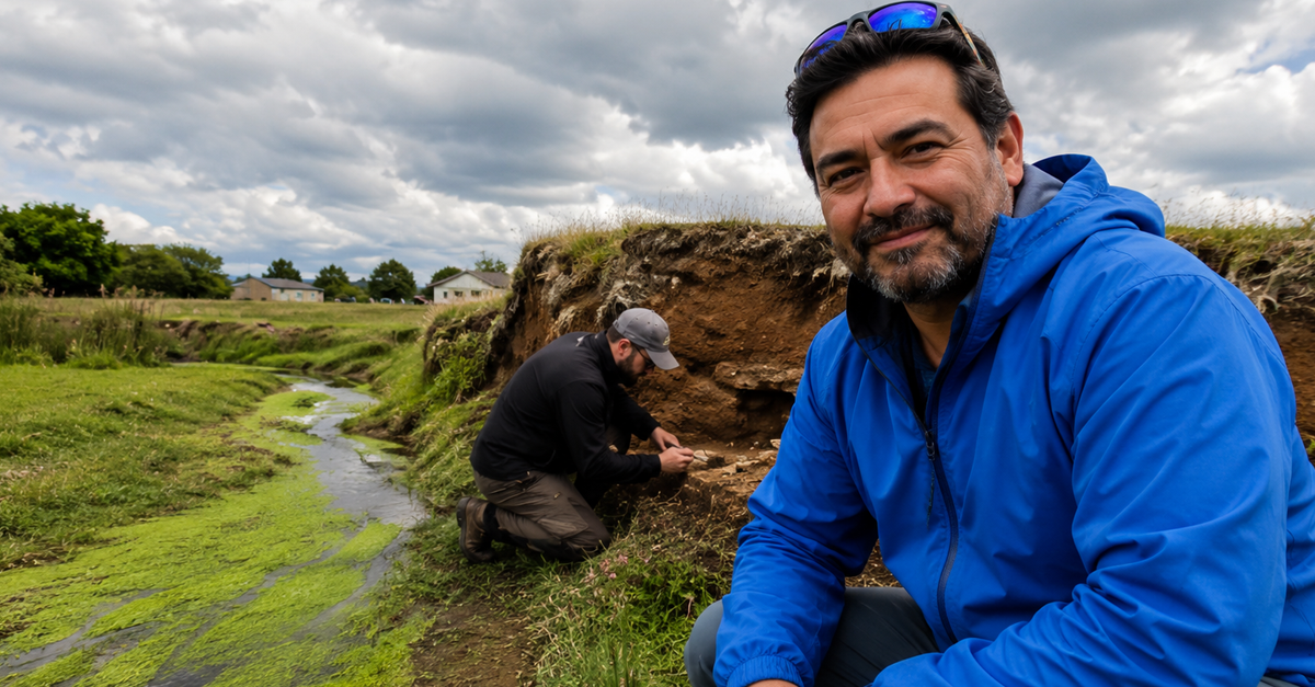 Two men work beside a grassy stream, with one facing the camera and another examining the riverbank
