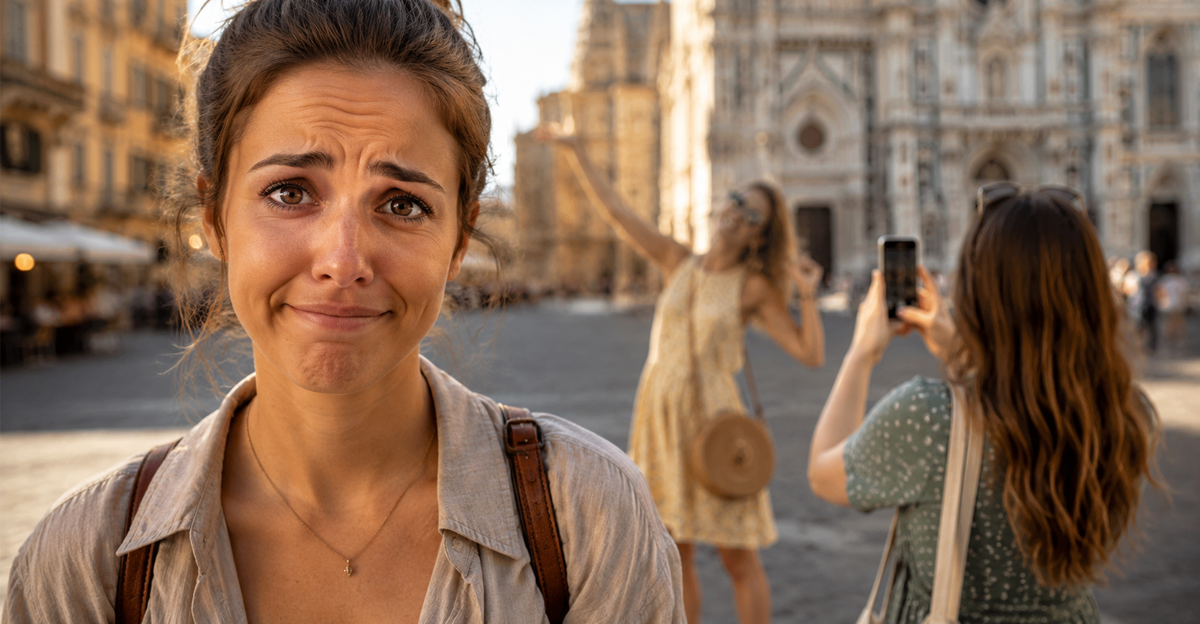 woman annoyed at traveling companions on vacation for taking too many selfies