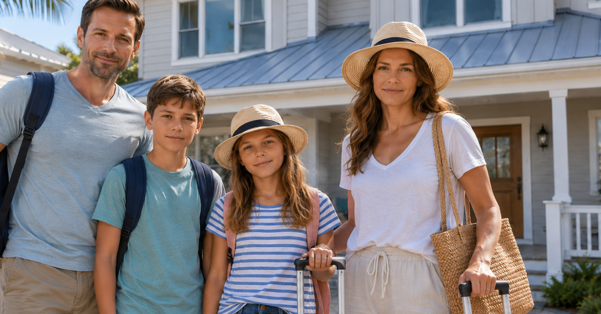 family in front of vacation rental