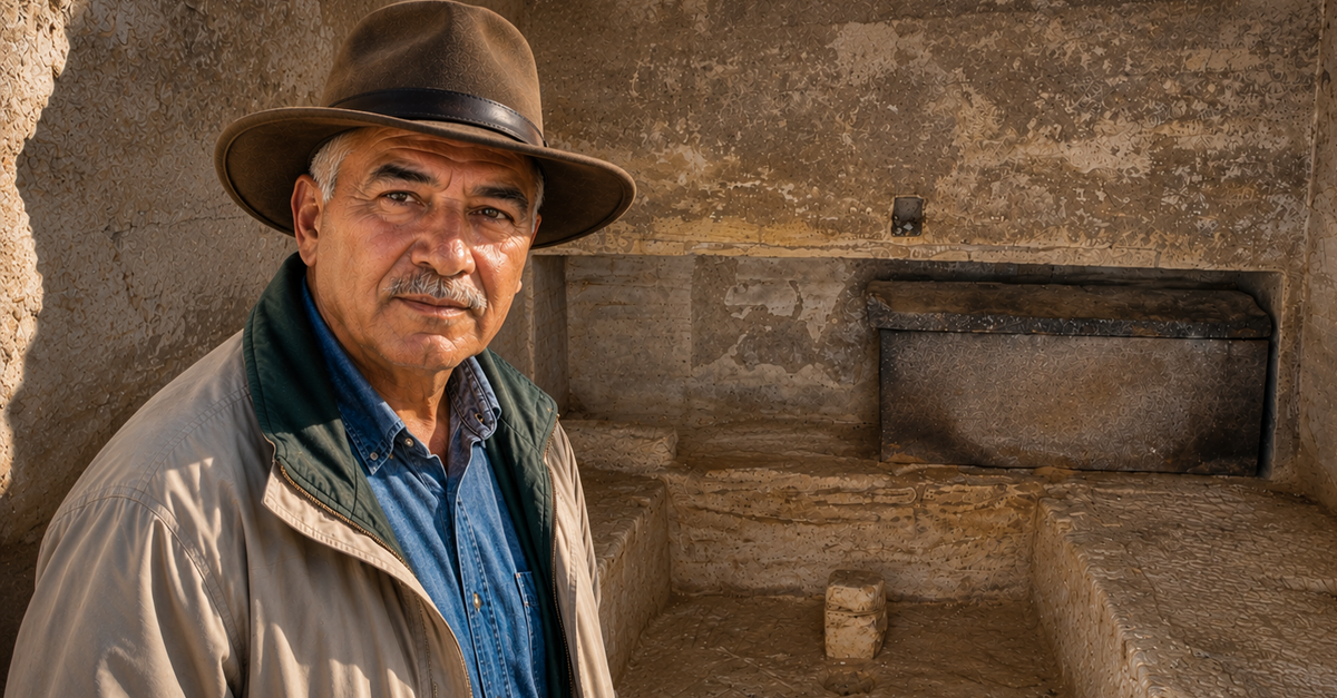 AI-generated image of an archaeologist wearing a hat, standing in front of an Egyptian tomb
