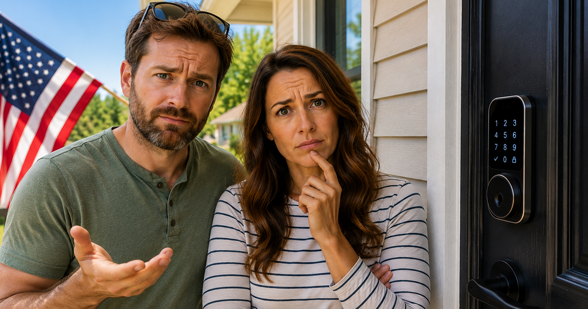 A confused man and a woman standing on the front step of a house