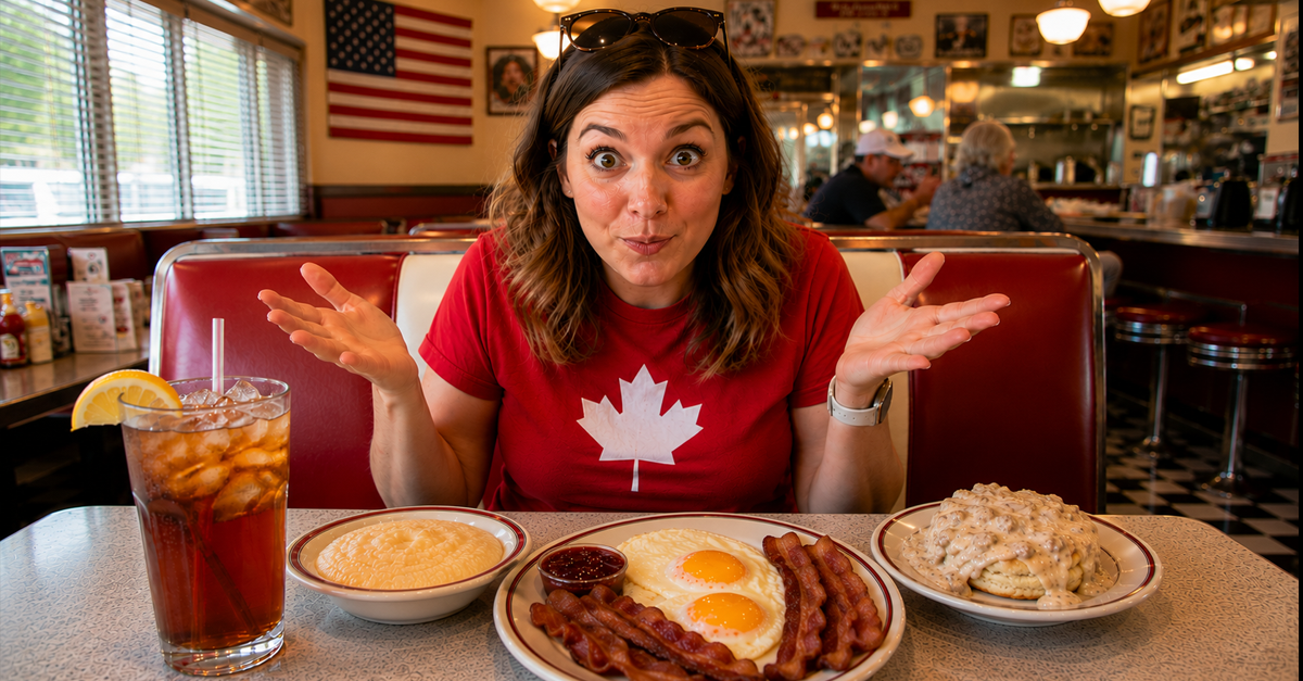 AI-generated image of Canadian woman reacting to large southern breakfast in an American diner