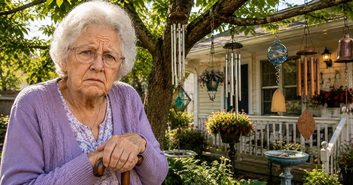 Elderly woman standing in a front yard