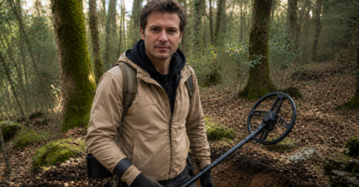 metal detectorist in woods with metal detector