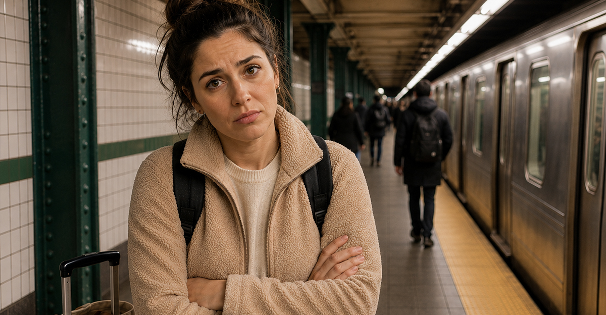 AI-generated image of a woman worried about transportation costs after booking a hotel outside of the city.