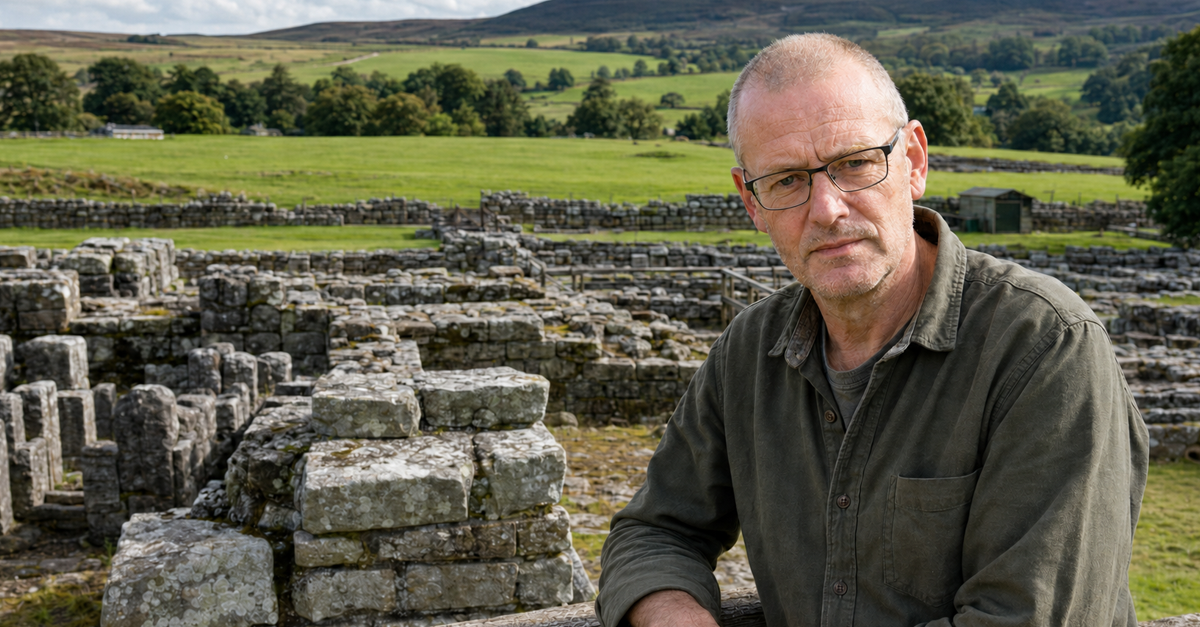 AI-generated image of a man archaeologist stands beside the ancient ruins next to a grassy field