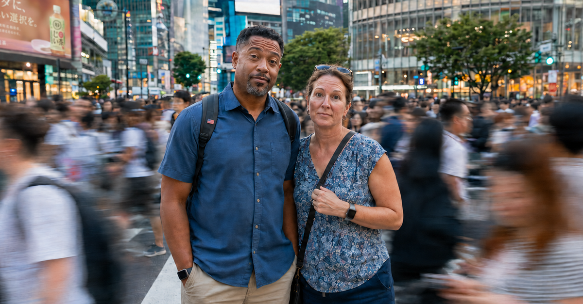 AI-generated image of two American tourists standing still as crowds rush through a busy Tokyo crosswalk