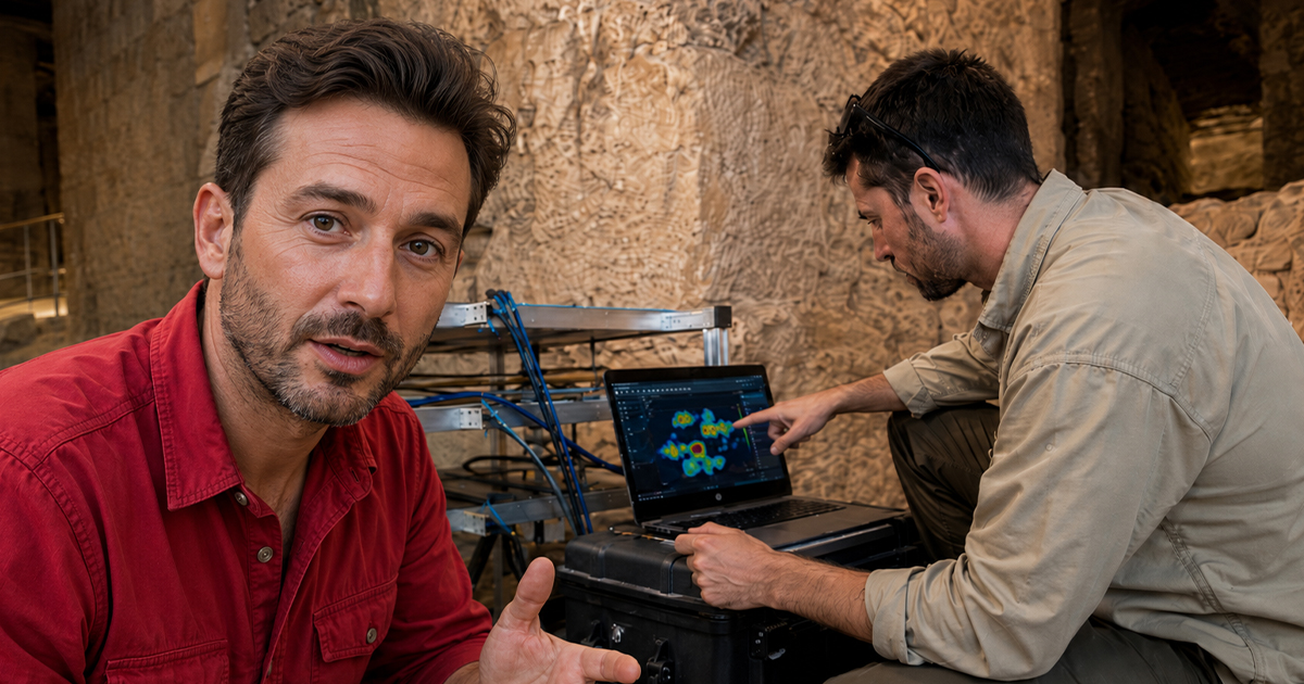 Two researchers using archaeological technology
