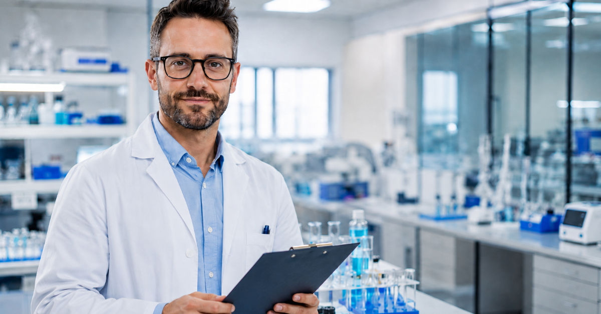 Researcher in lab with lab coat with clipboard