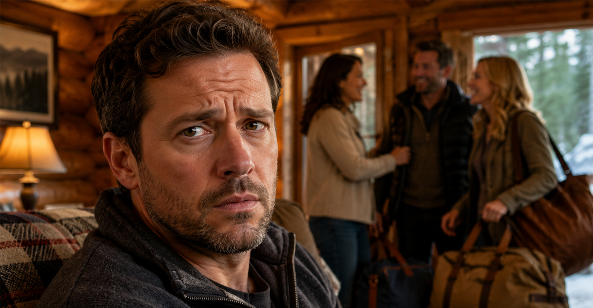 man stressed about wife's friends on cabin vacation