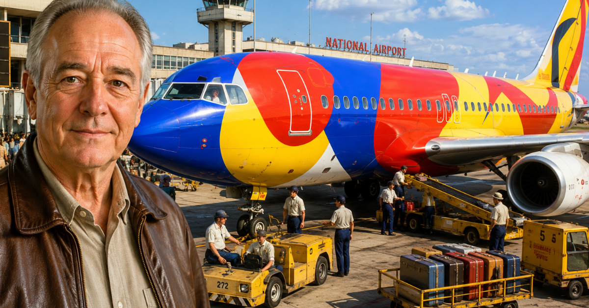 Old man with colorful airplane behind him at airport