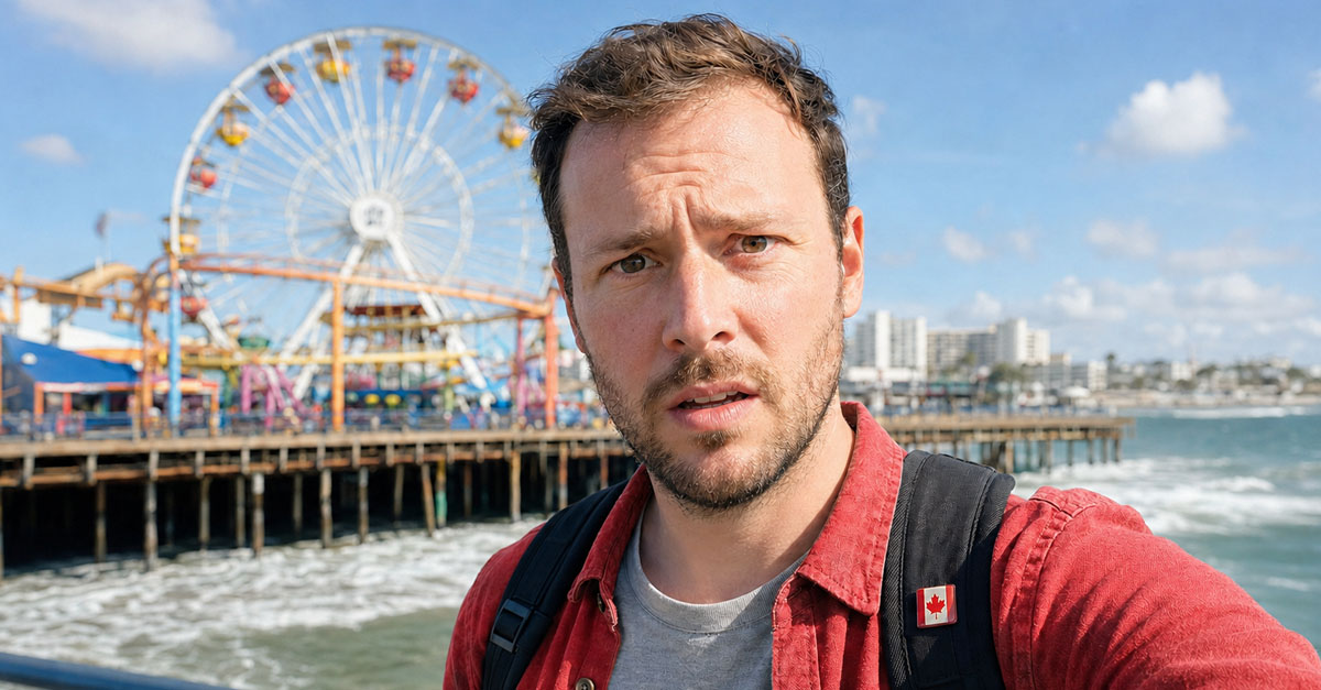 AI-generated image of Canadian tourist standing in front of Santa Monica Pier