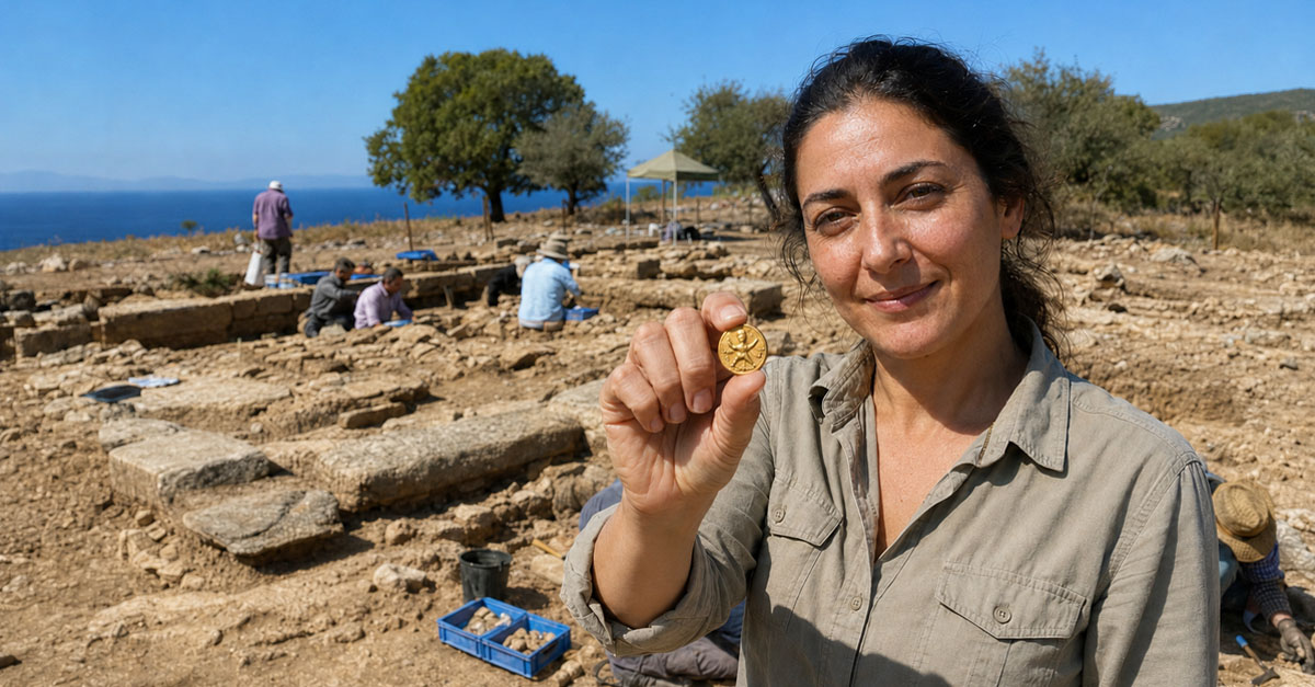 AI-generated image of a woman holding a gold daric at an archaeological site