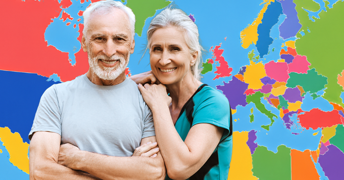 Smiling senior couple in front of AI-generated background
