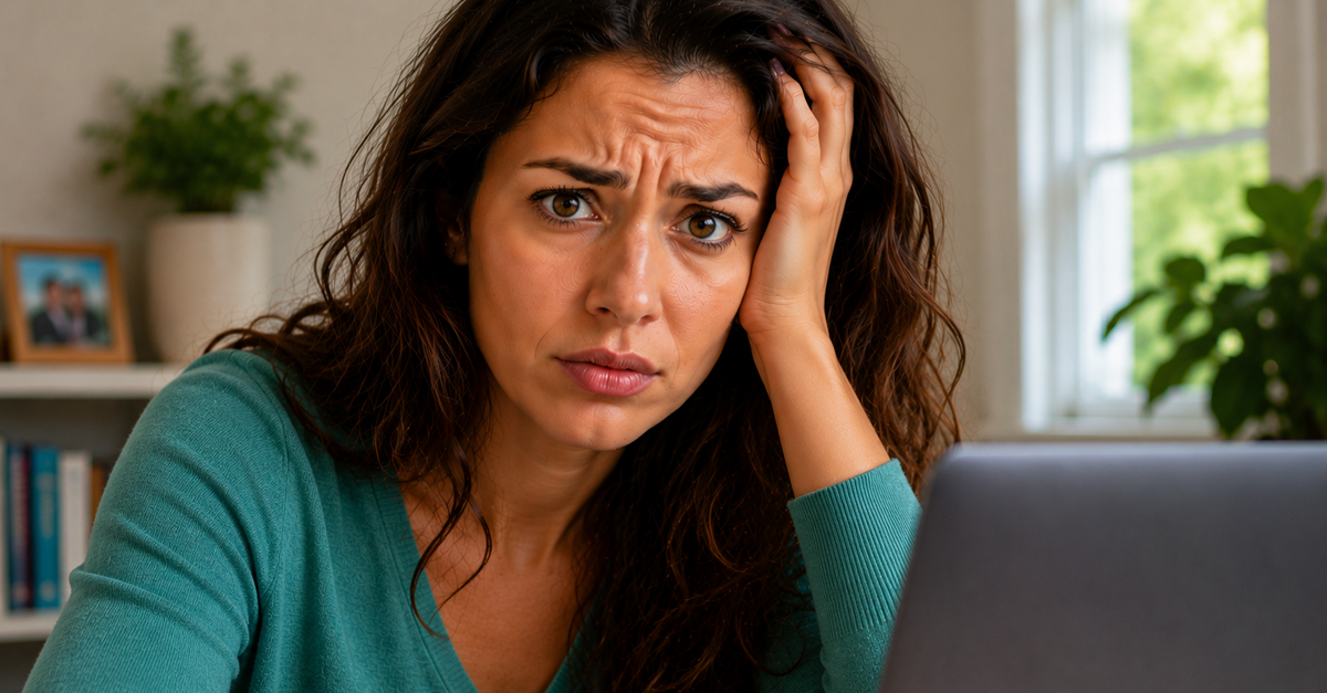 AI-generated image of woman with hand on head in front of laptop