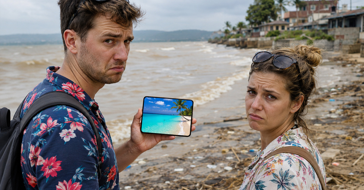 Disappointed tourists on a beach that doesn't look like the social media picture they're holding up.