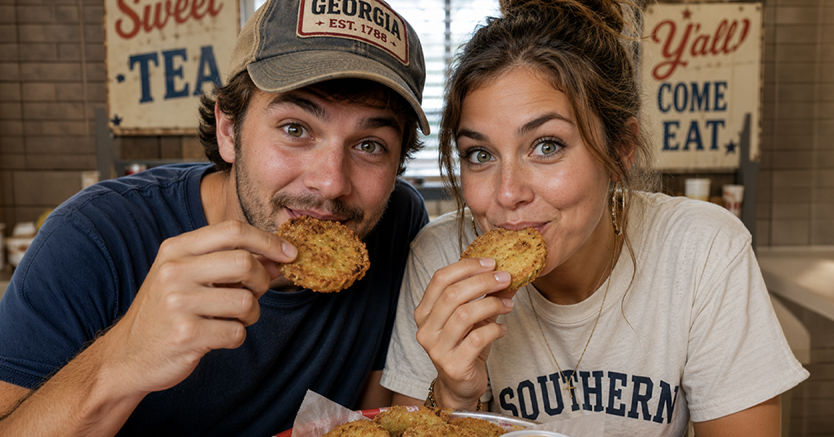 A man and woman eating fried food
