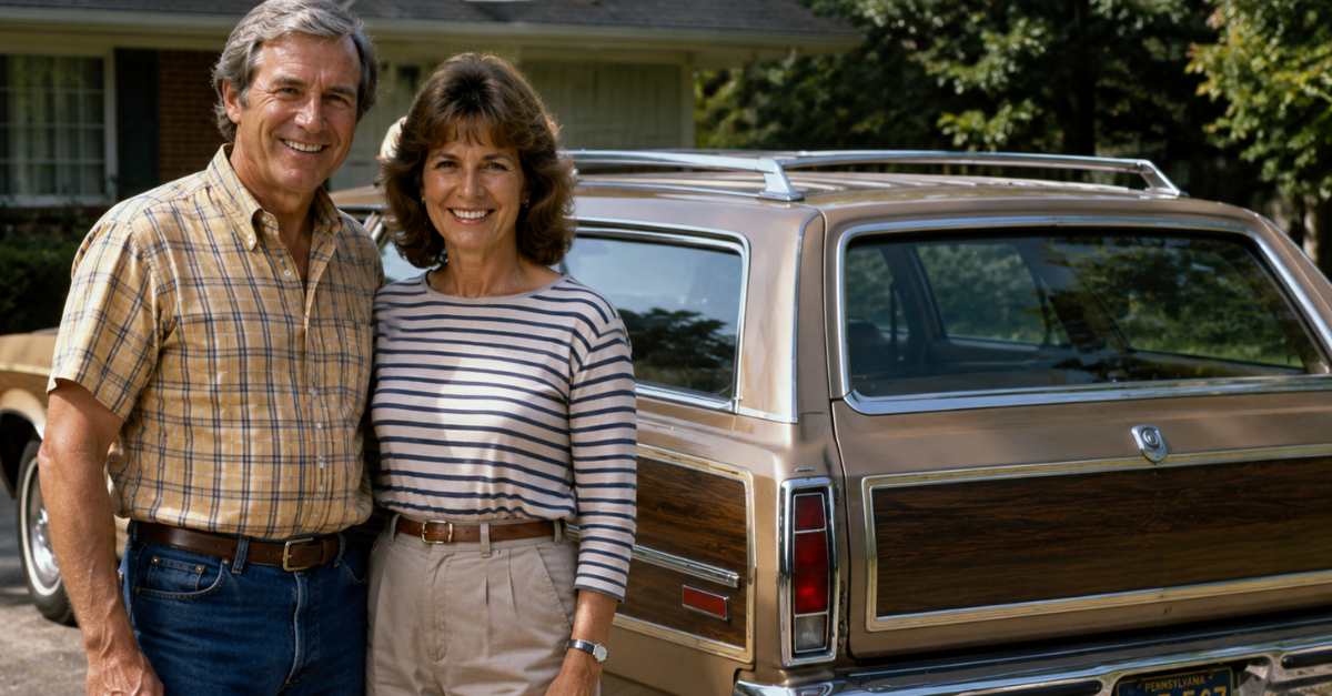 1970s couple in front of station wagon